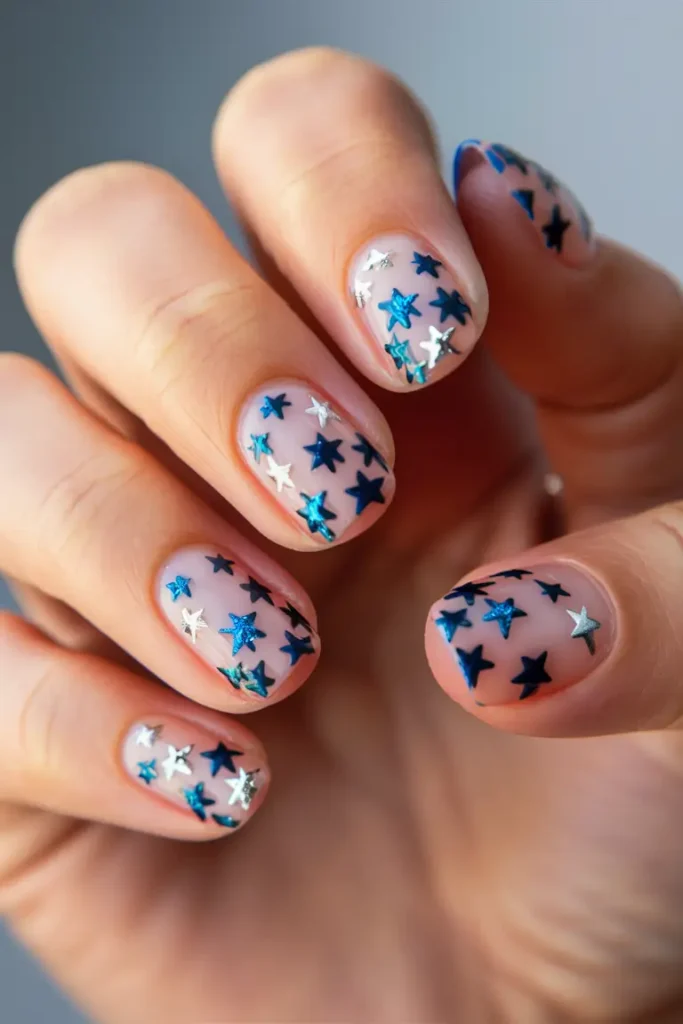 Blue and Silver Stars Nail Art for Independence Day